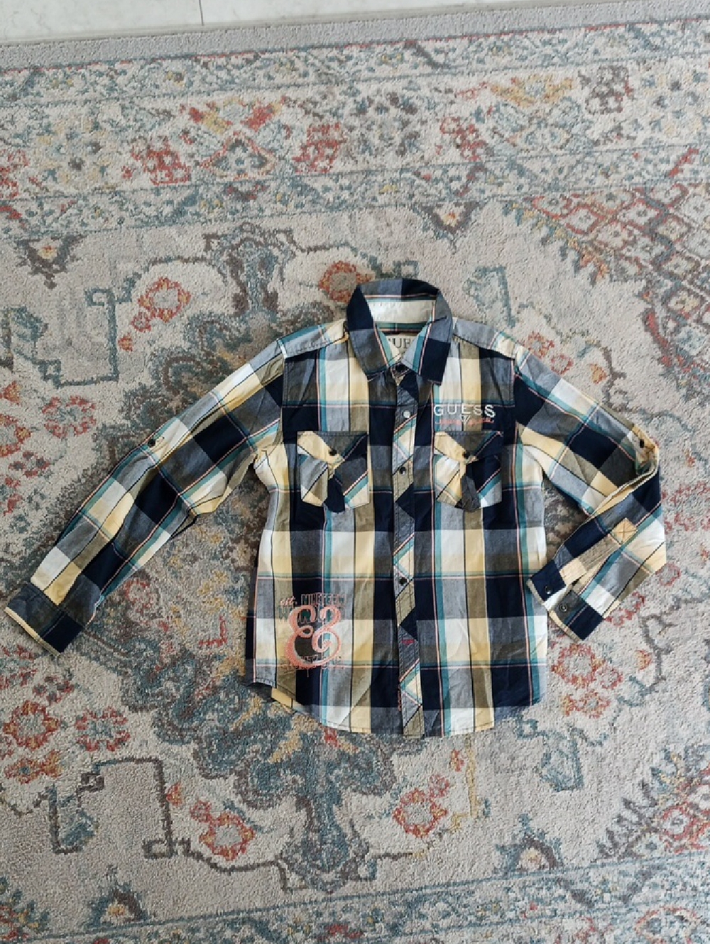GUESS Boys Navy, Yellow & White Plaid Button-Down Shirt